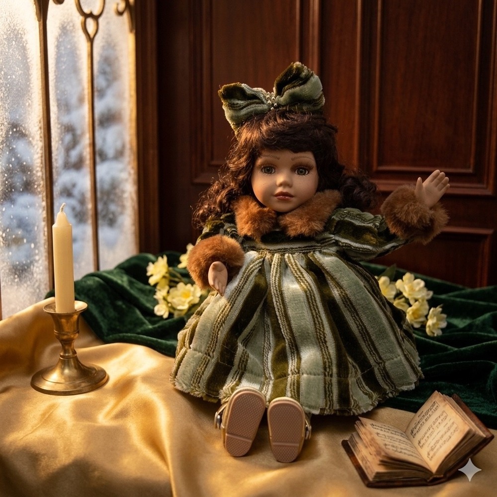 Dan Dee Collectors Choice Jordan Porcelain Musical Doll Green Velvet Dress 8.5in